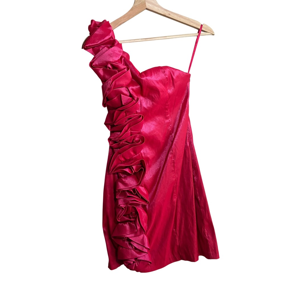 Vintage Arden B One Shoulder Ruffle Cocktail Dress S Pink y2k Satin Finish